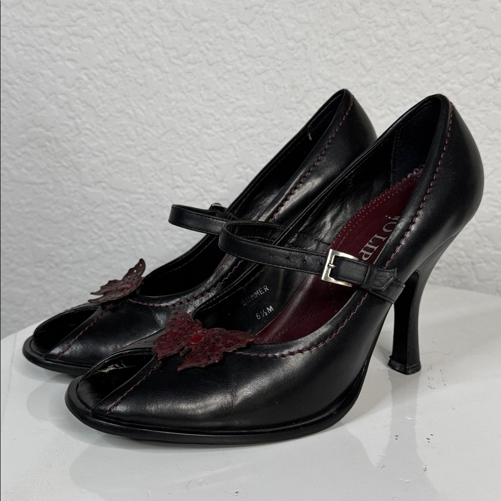 TWO LIPS SUMMER BLACK MARY JANE HEELS BUTTERFLY PEEP TOE VINTAGE Y2K SHOES - Picture 4 of 14
